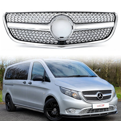 168CF Frontstoßstange Diamond Silver Grille für 2014–2022 Benz VITO BOX VAN W447 Chrom 
