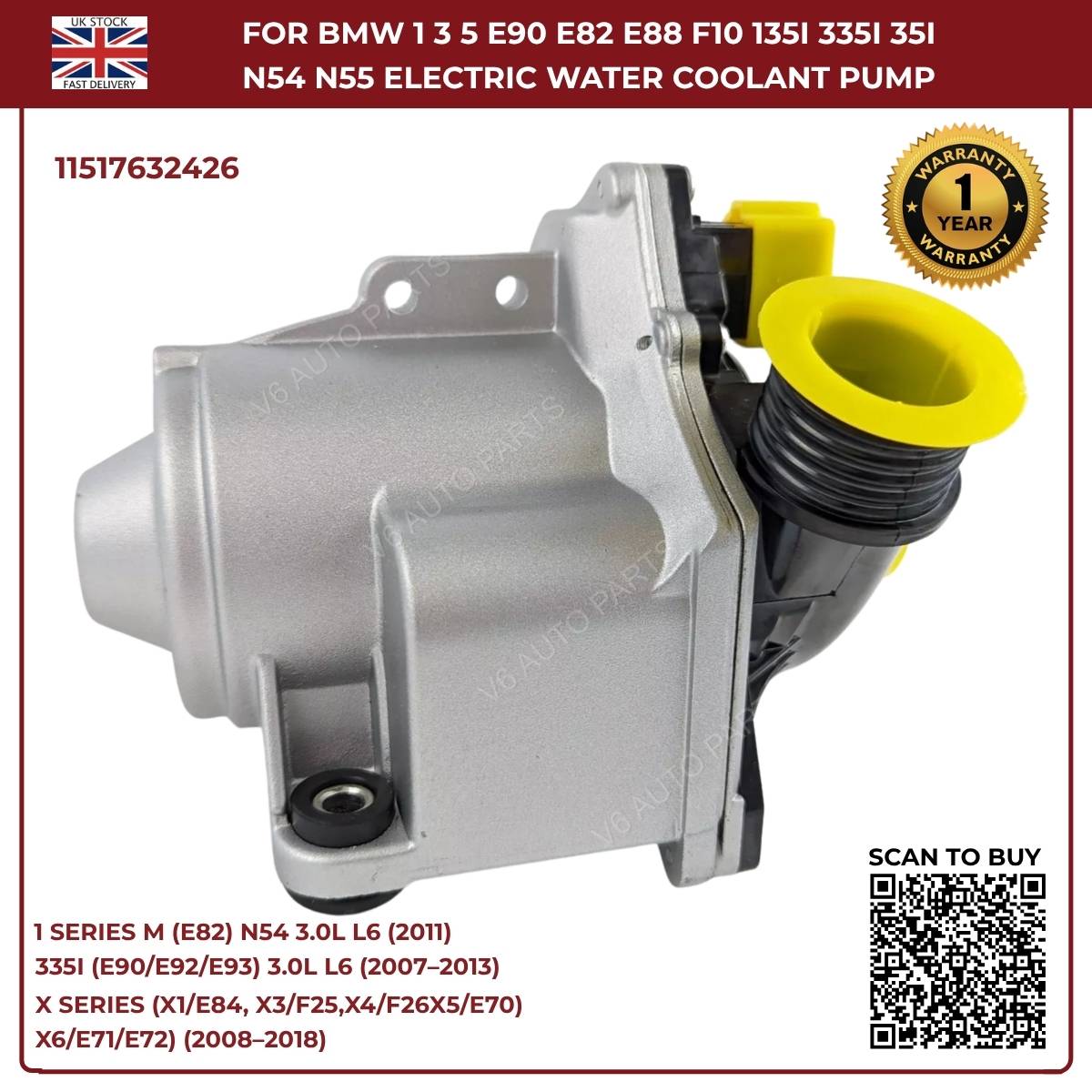 Electric Water Pump For BMW 1 3 5 E90 E82 E88 F10 135i 335i N54 N55 11517632426
