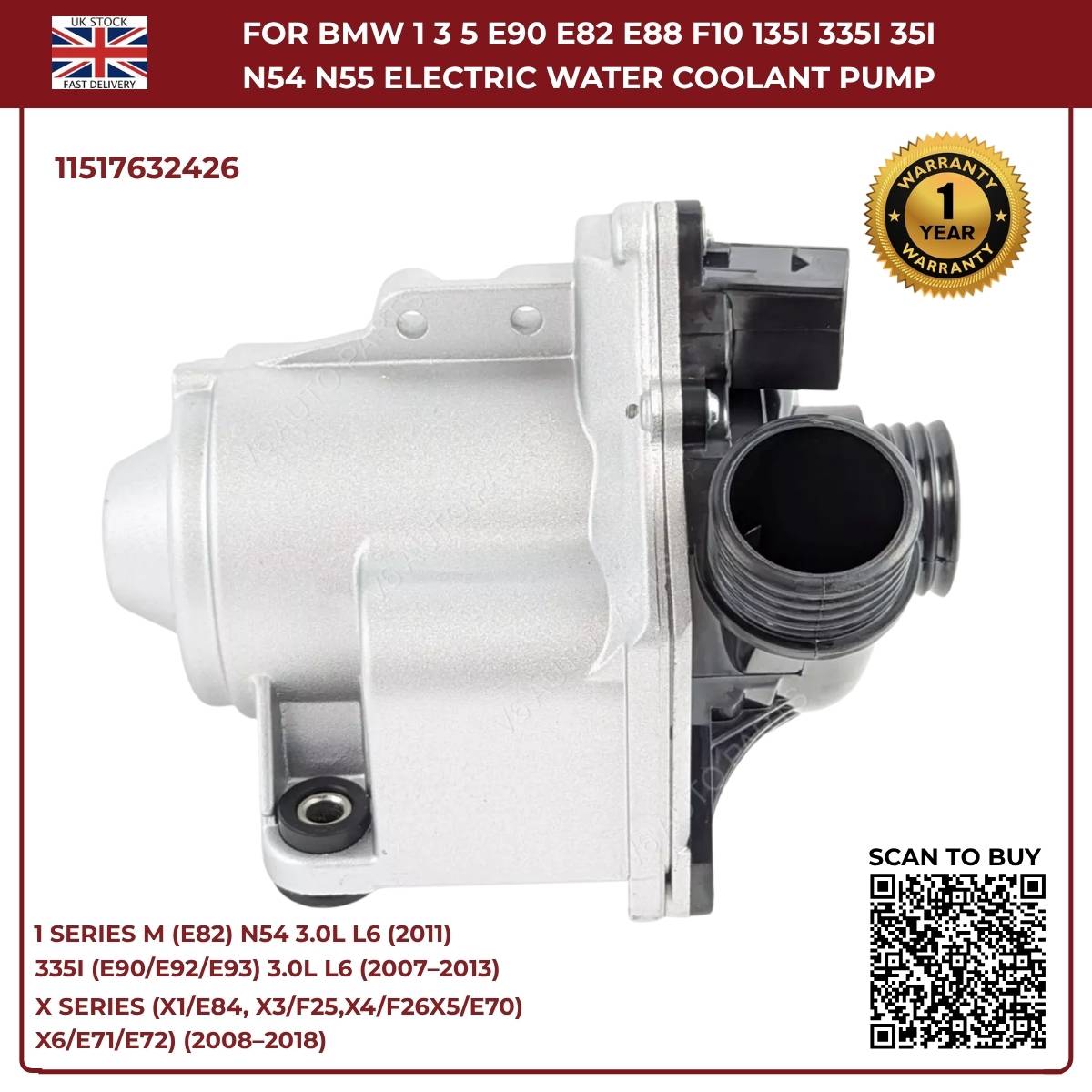 Electric Water Pump For BMW 1 3 5 E90 E82 E88 F10 135i 335i N54 N55 11517632426