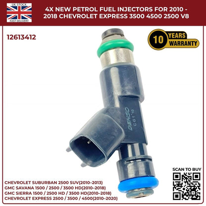 4× Fuel Injectors 12613412 – Fits 2010–2013 Chevrolet Suburban 2500 HD 6.0L V8 Petrol