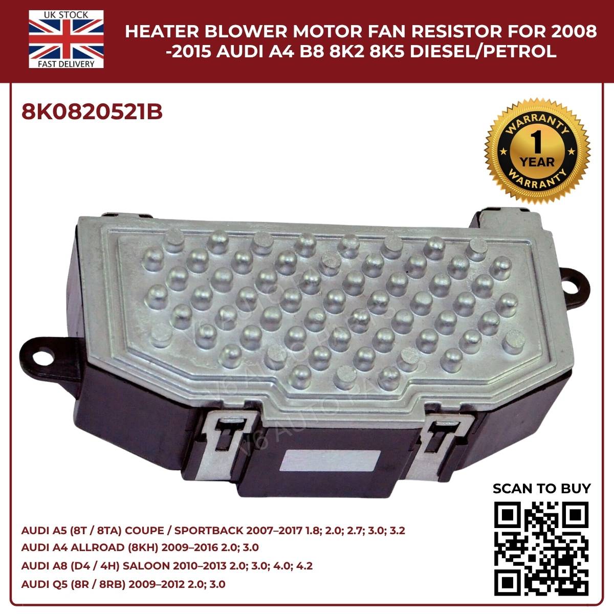 Image of Replacement Blower Motor Resistor 8K0820521B for Audi A5 8TA Hatchback