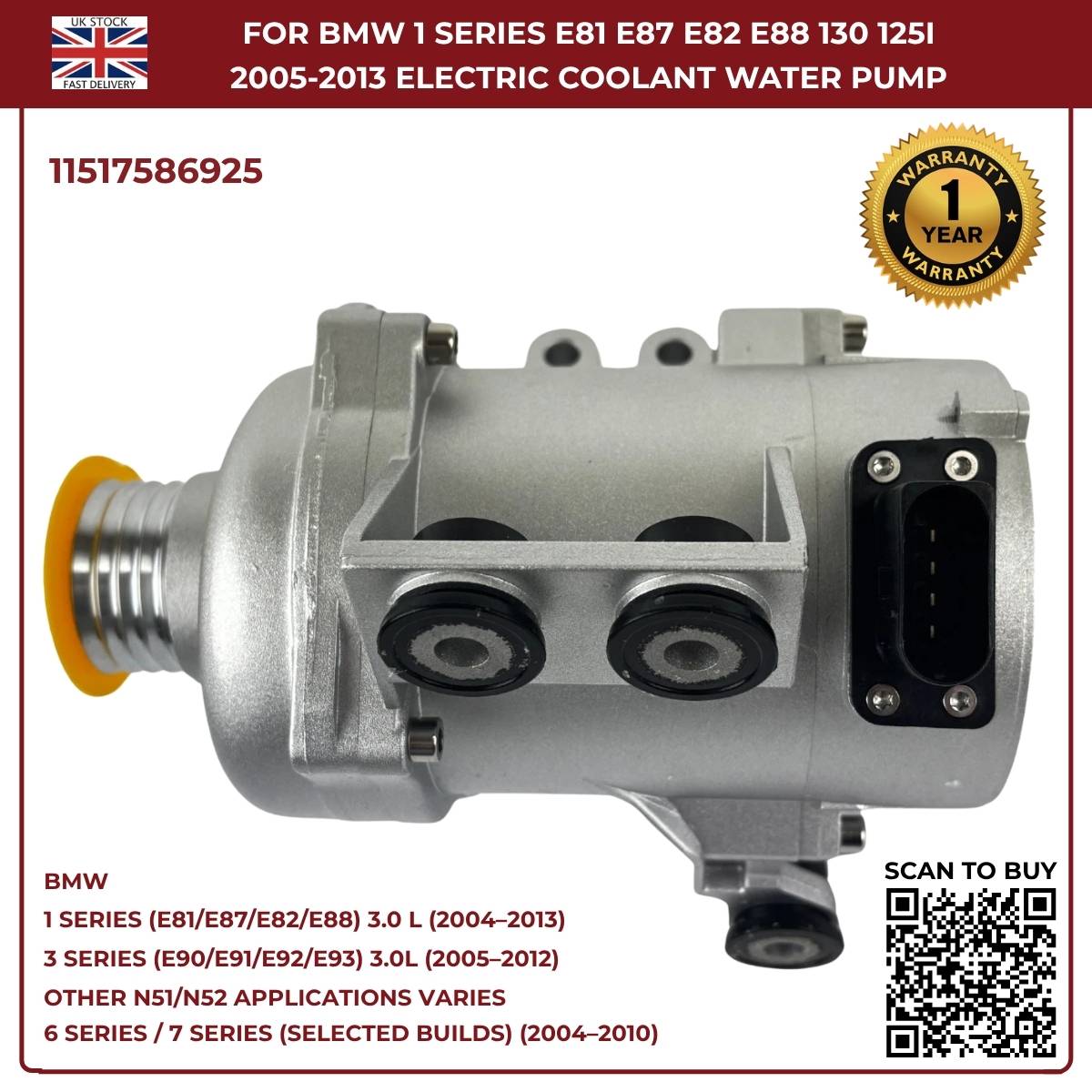 A‑Premium Electric Coolant Water Pump for BMW 5 Series, X1, X3, X5, Z4 – Replaces 11517586925