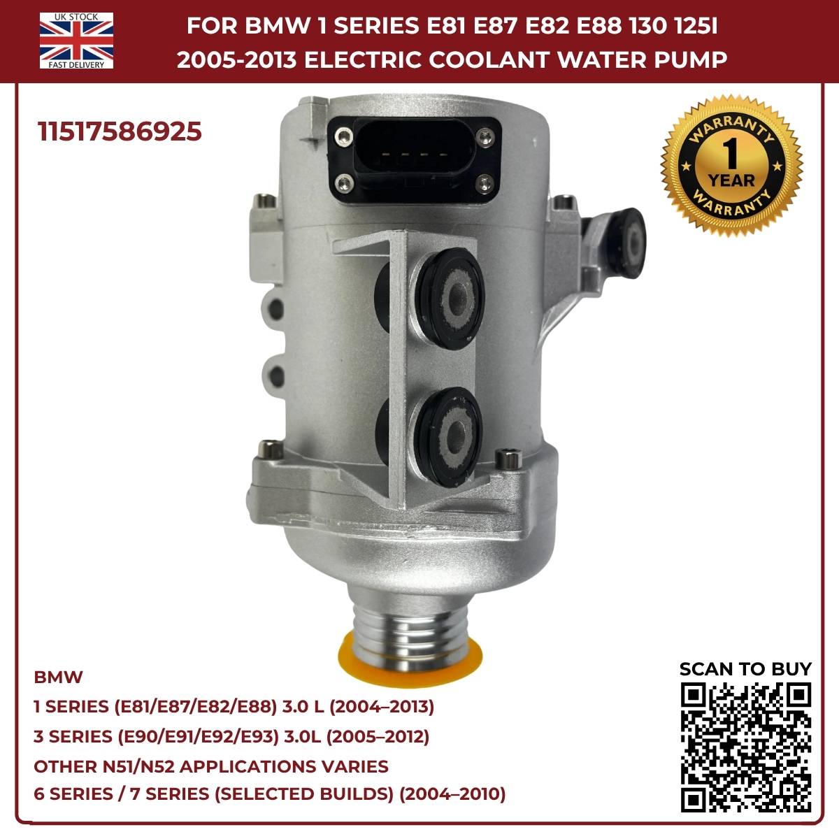 A‑Premium Electric Coolant Water Pump for BMW 5 Series, X1, X3, X5, Z4 – Replaces 11517586925