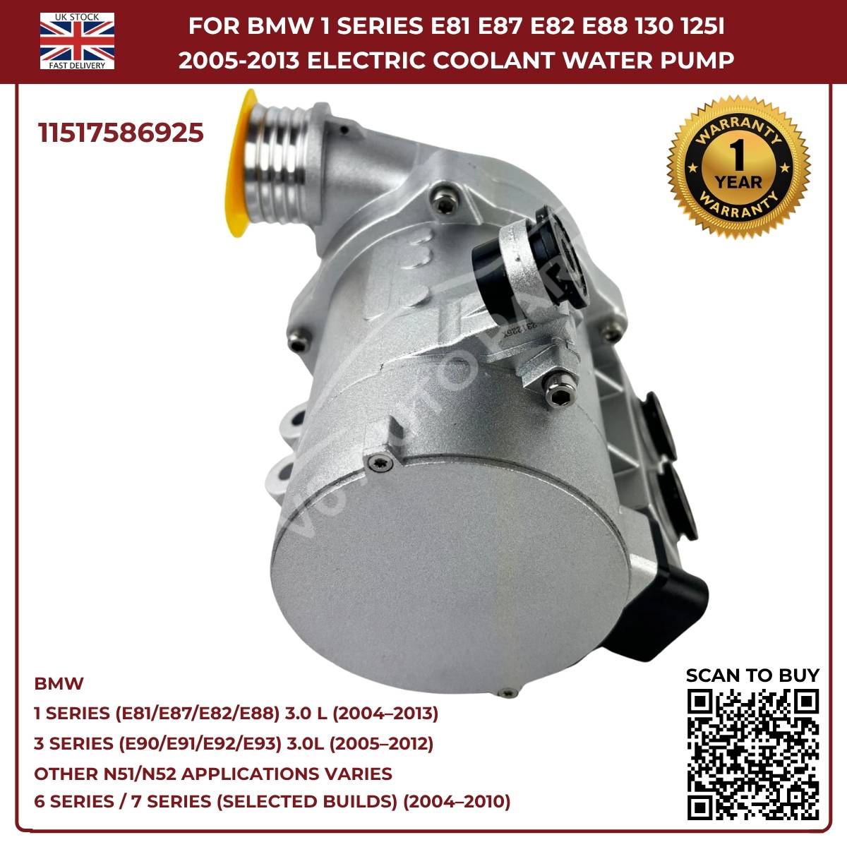 A‑Premium Electric Coolant Water Pump for BMW 5 Series, X1, X3, X5, Z4 – Replaces 11517586925