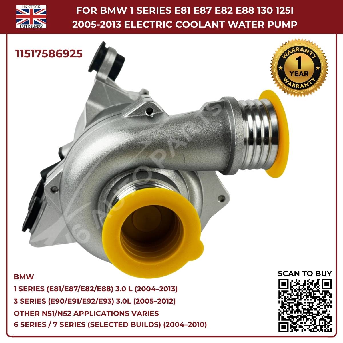 A‑Premium Electric Coolant Water Pump for BMW 5 Series, X1, X3, X5, Z4 – Replaces 11517586925