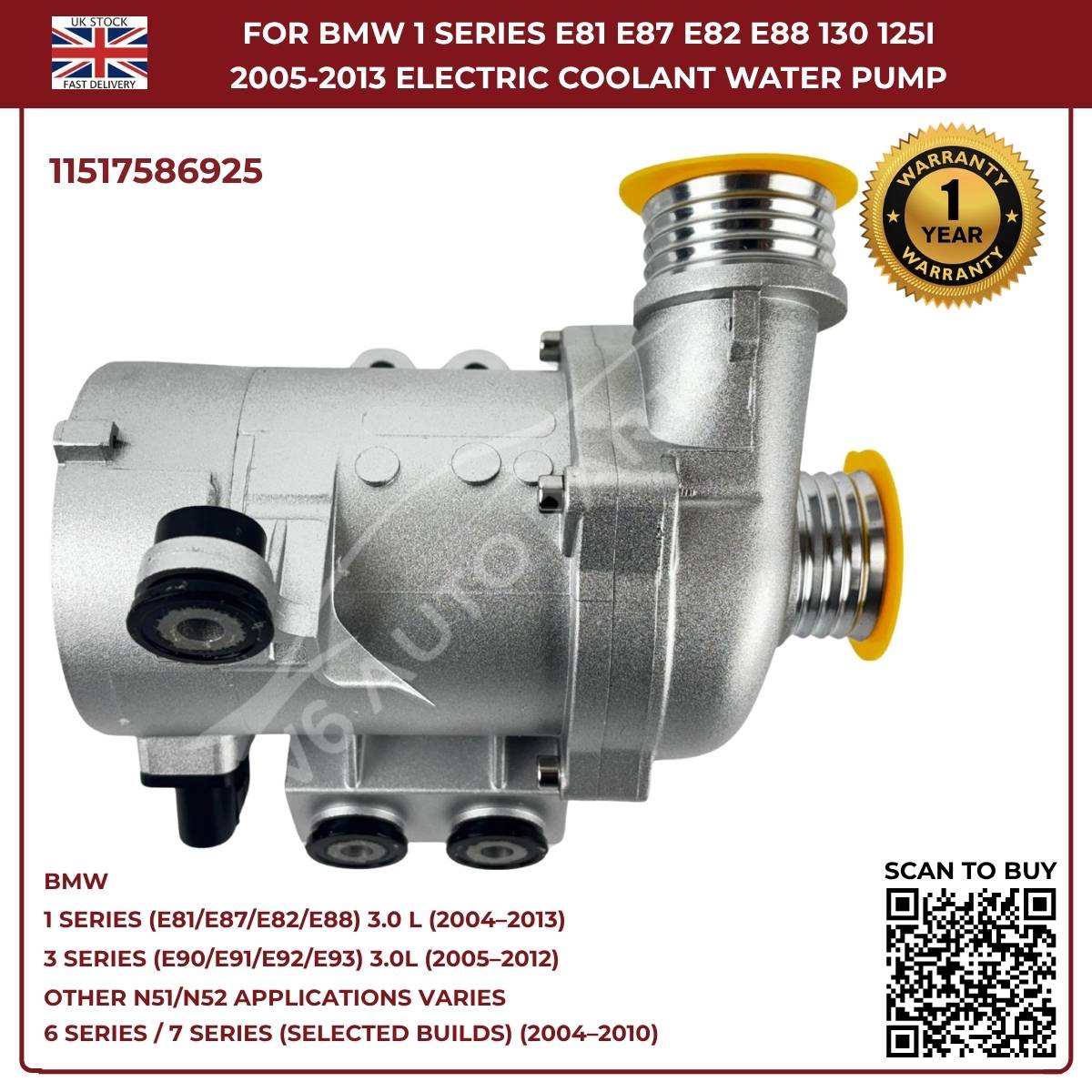 A‑Premium Electric Coolant Water Pump for BMW 5 Series, X1, X3, X5, Z4 – Replaces 11517586925