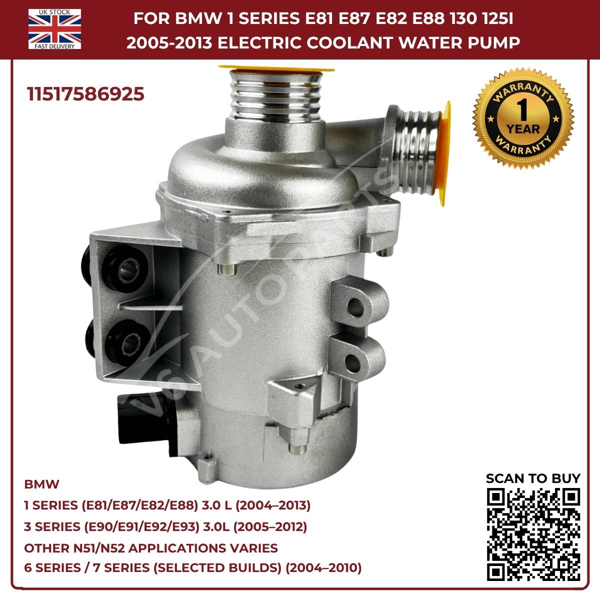 A‑Premium Electric Coolant Water Pump for BMW 5 Series, X1, X3, X5, Z4 – Replaces 11517586925
