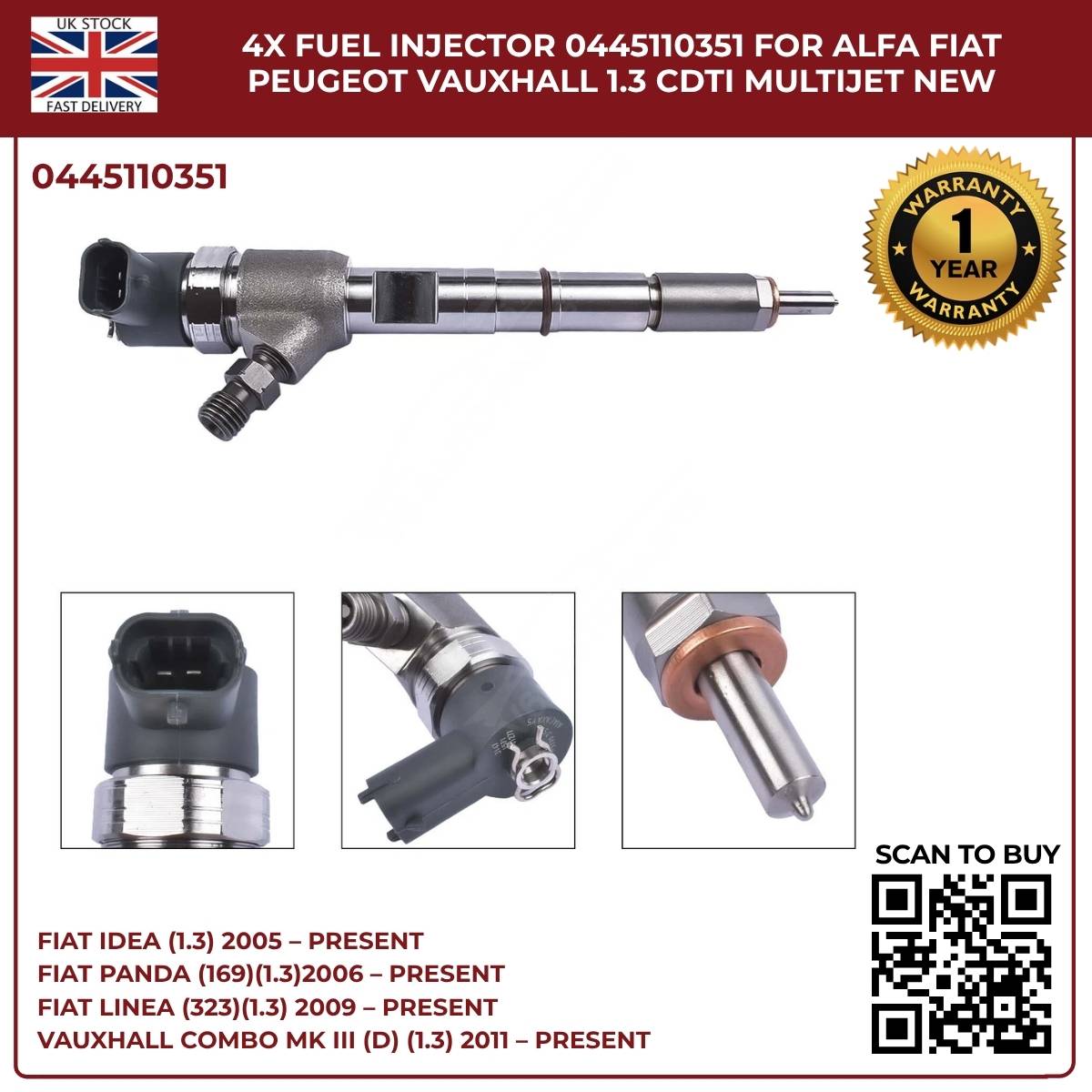 image of Opel Vauxhall 1.3 engine fuel injectors 0445110351