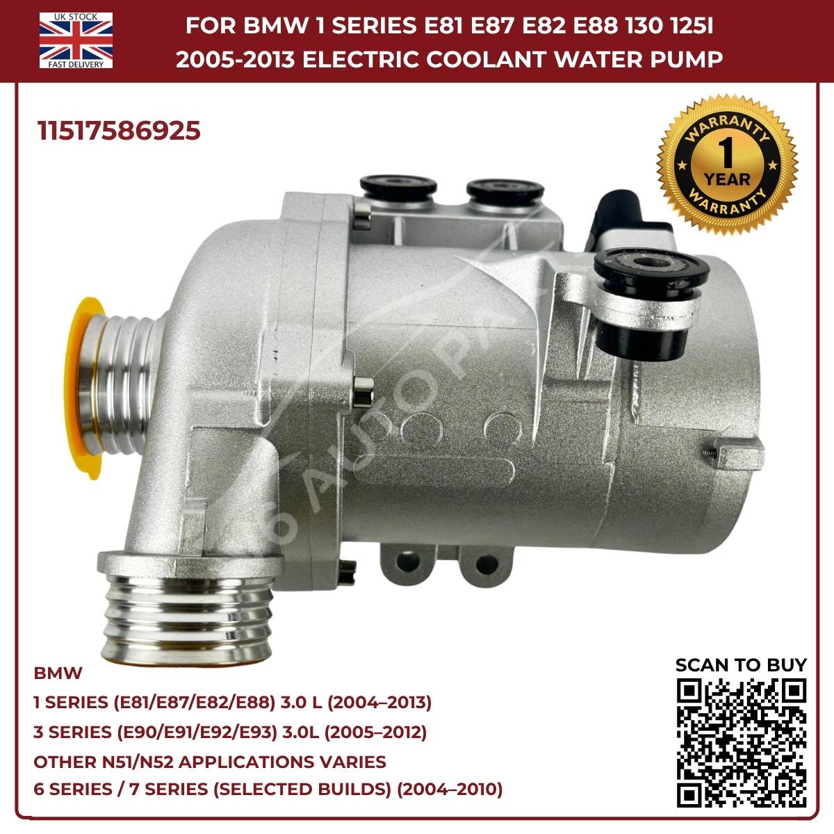 A‑Premium Electric Coolant Water Pump for BMW 5 Series, X1, X3, X5, Z4 – Replaces 11517586925