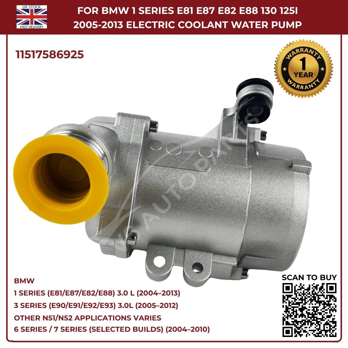 A‑Premium Electric Coolant Water Pump for BMW 5 Series, X1, X3, X5, Z4 – Replaces 11517586925