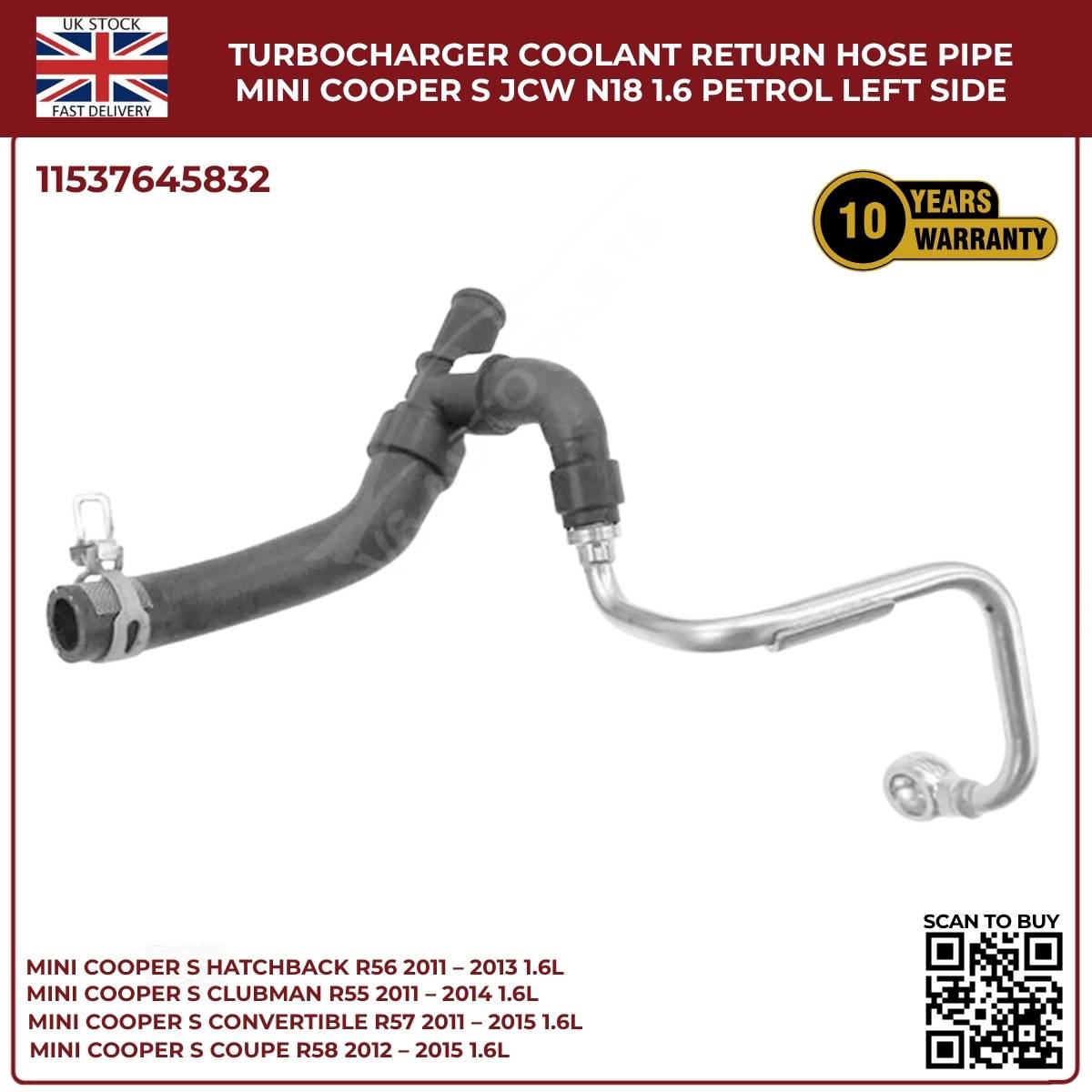 Mini Cooper S & JCW N18 Turbo Coolant Return Hose – Left Side (R55 R56 R57, 1.6L Petrol)
