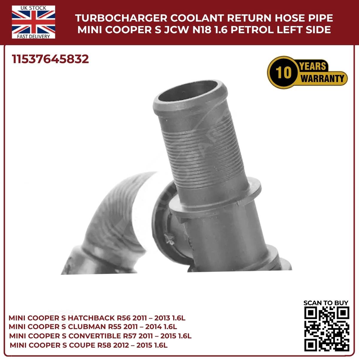 Mini Cooper S & JCW N18 Turbo Coolant Return Hose – Left Side (R55 R56 R57, 1.6L Petrol)
