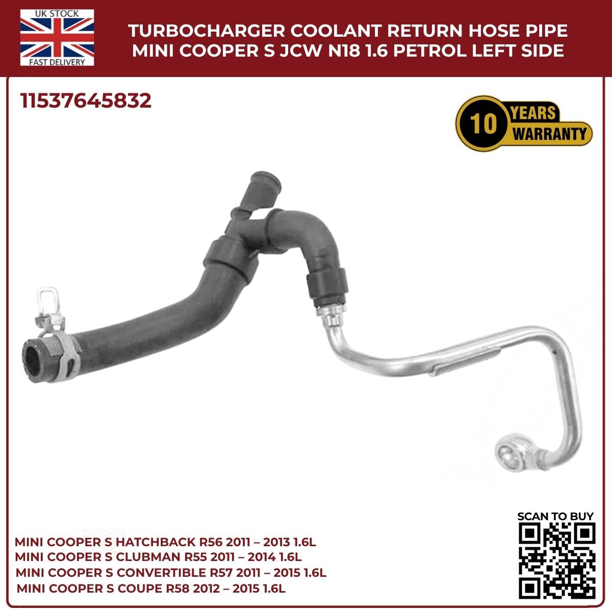Mini Cooper S & JCW N18 Turbo Coolant Return Hose – Left Side (R55 R56 R57, 1.6L Petrol)