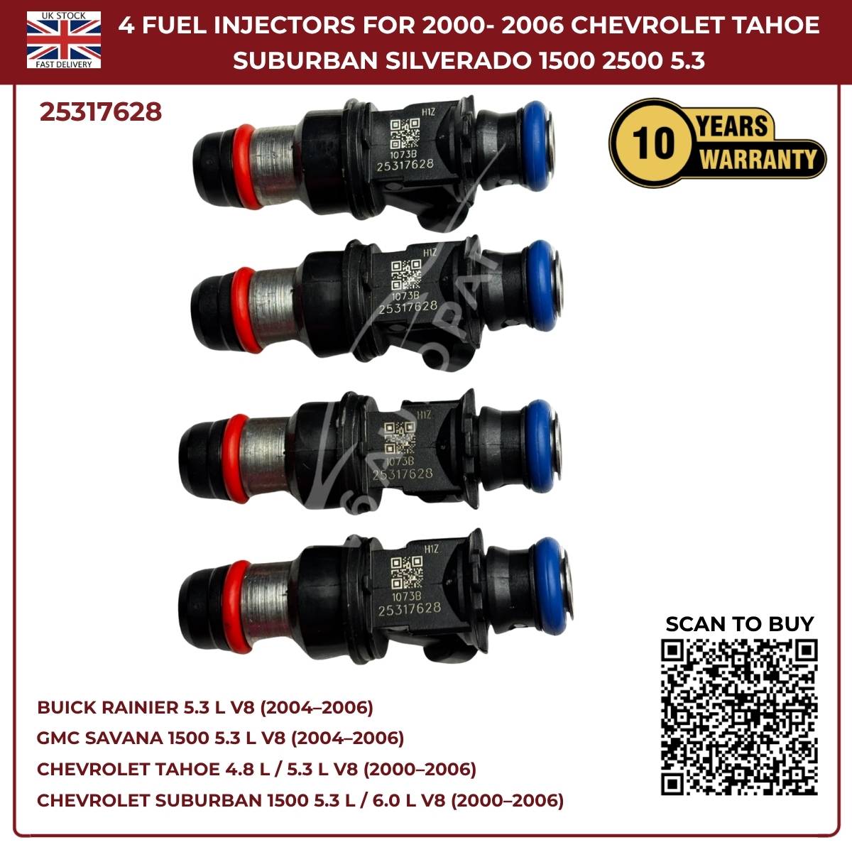 4x Fuel Injectors – Fits 2000–2006 Chevrolet Tahoe, Suburban, Silverado, Express 6.0L V8 | OE Replacement Part #25317628