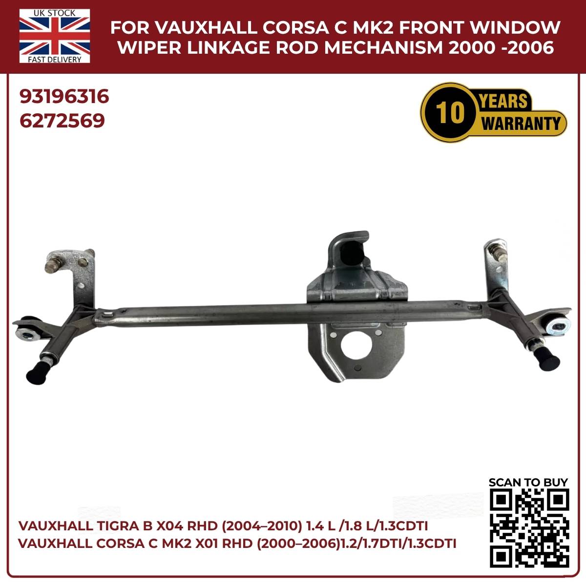 image of Replacement Front Windscreen Wiper Linkage Rod for Vauxhall Corsa C 93196316