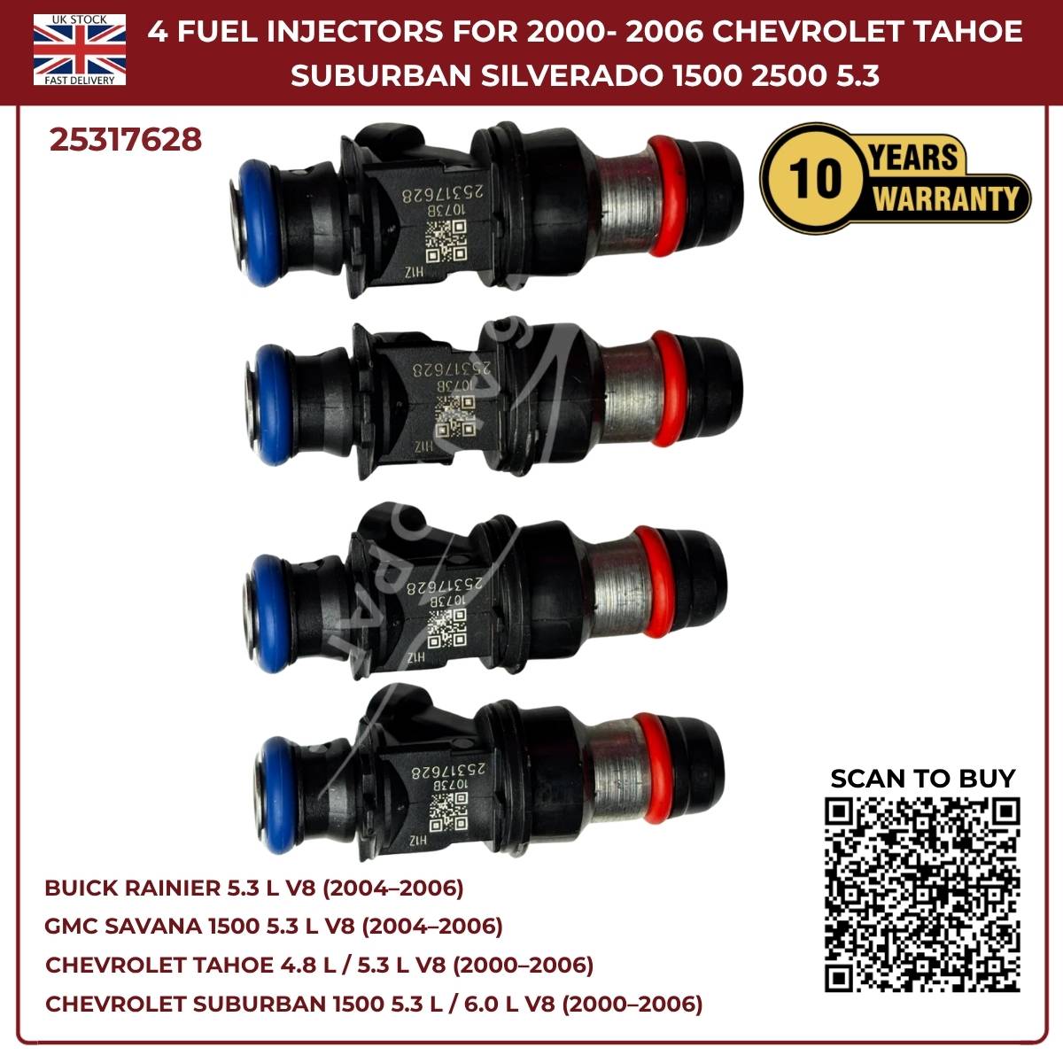 4x Fuel Injectors – Fits 2000–2006 Chevrolet Tahoe, Suburban, Silverado, Express 6.0L V8 | OE Replacement Part #25317628