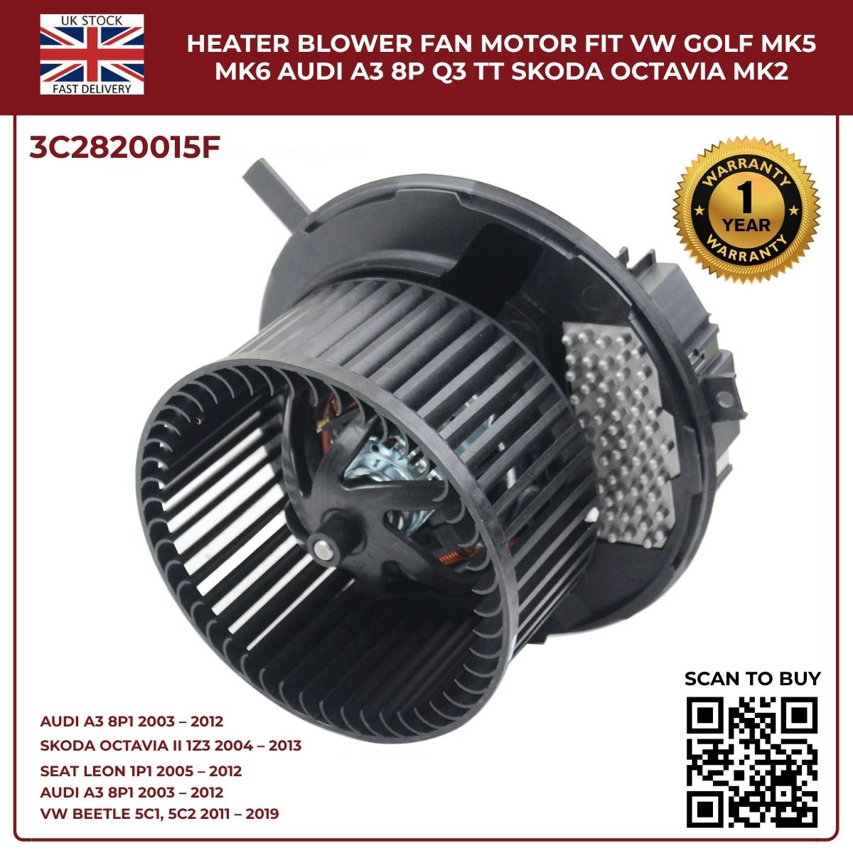 Image of VW Golf MK5 MK6 Heater Blower Motor 3C2820015F Replacement Fan