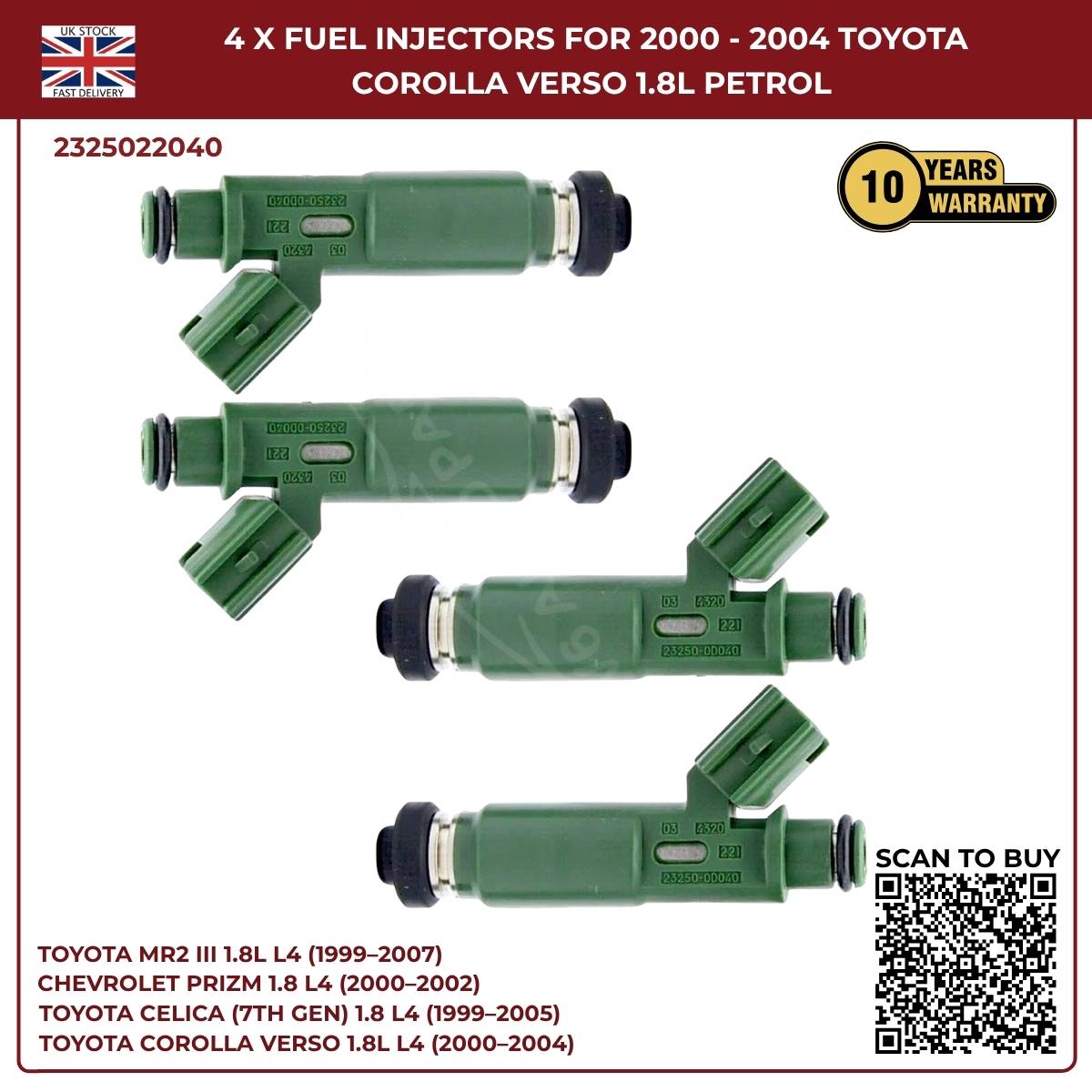 4× Fuel Injectors 23250-22040 – Toyota MR2 III 1999–2007 – 1.8L Petrol 1ZZ-FE