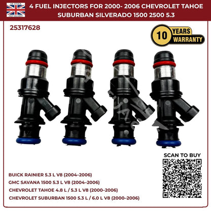 4x Fuel Injectors – Fits 2000–2006 Chevrolet Tahoe, Suburban, Silverado, Express 6.0L V8 | OE Replacement Part #25317628