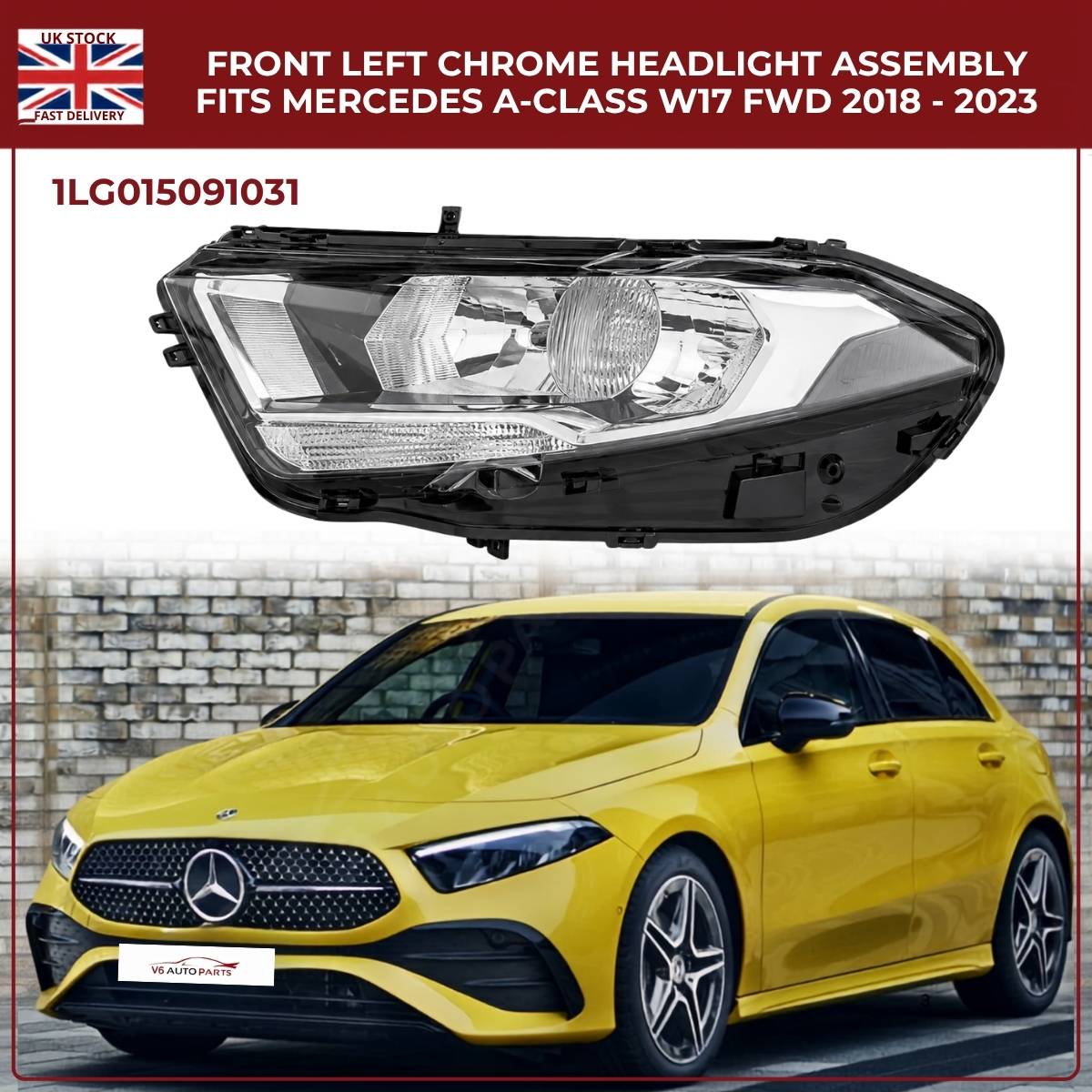 Mercedes A‑Class W177 Headlight 2018‑2023 (Halogen, Passenger Front Left, Chrome Housing)