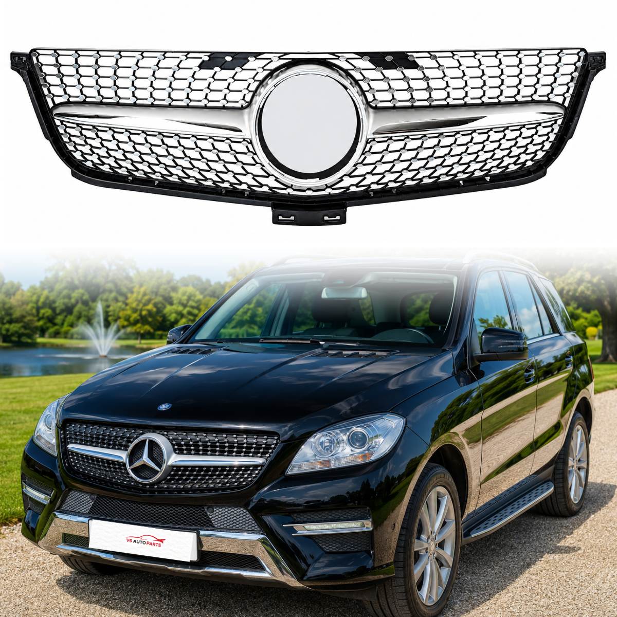 For Mercedes M‑Class W166 ML300/320/400 Front Radiator Grille (2012–2016) – Diamond Chrome