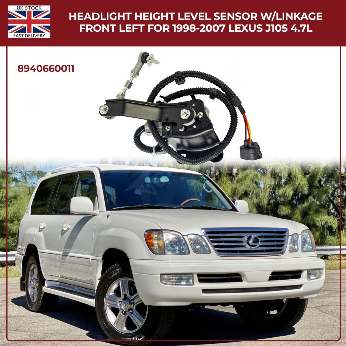 Front Left Ride Height Level Sensor + Linkage for Toyota Land Cruiser 100 & Lexus LX470 4.7 (1998–2008)