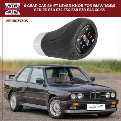 BMW 1 3 5 6 Series 6‑Speed Gear Shift Knob – Leather Top, ABS – Fits E30 E32 E34 E38 E39 E46 E53 E60 E63