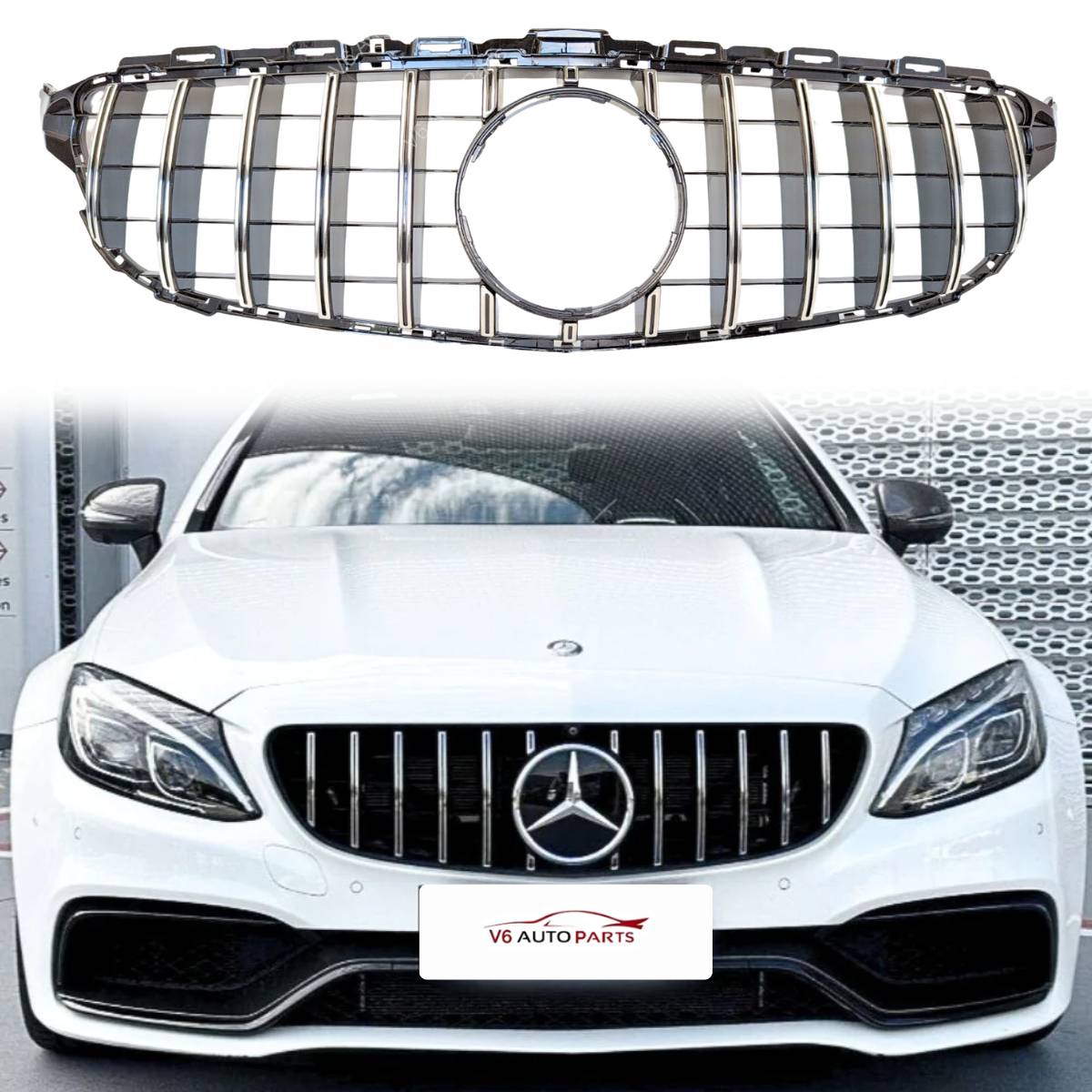 Mercedes-Benz C-Class C205 GT Panamericana Front Radiator Grille (2015–2018, Chrome, No Camera Hole)