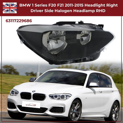 For BMW 1 Series F20/F21 Halogen Headlight – Right Side | 2011‑2015 RHD | Black Inner Housing | 63117229686