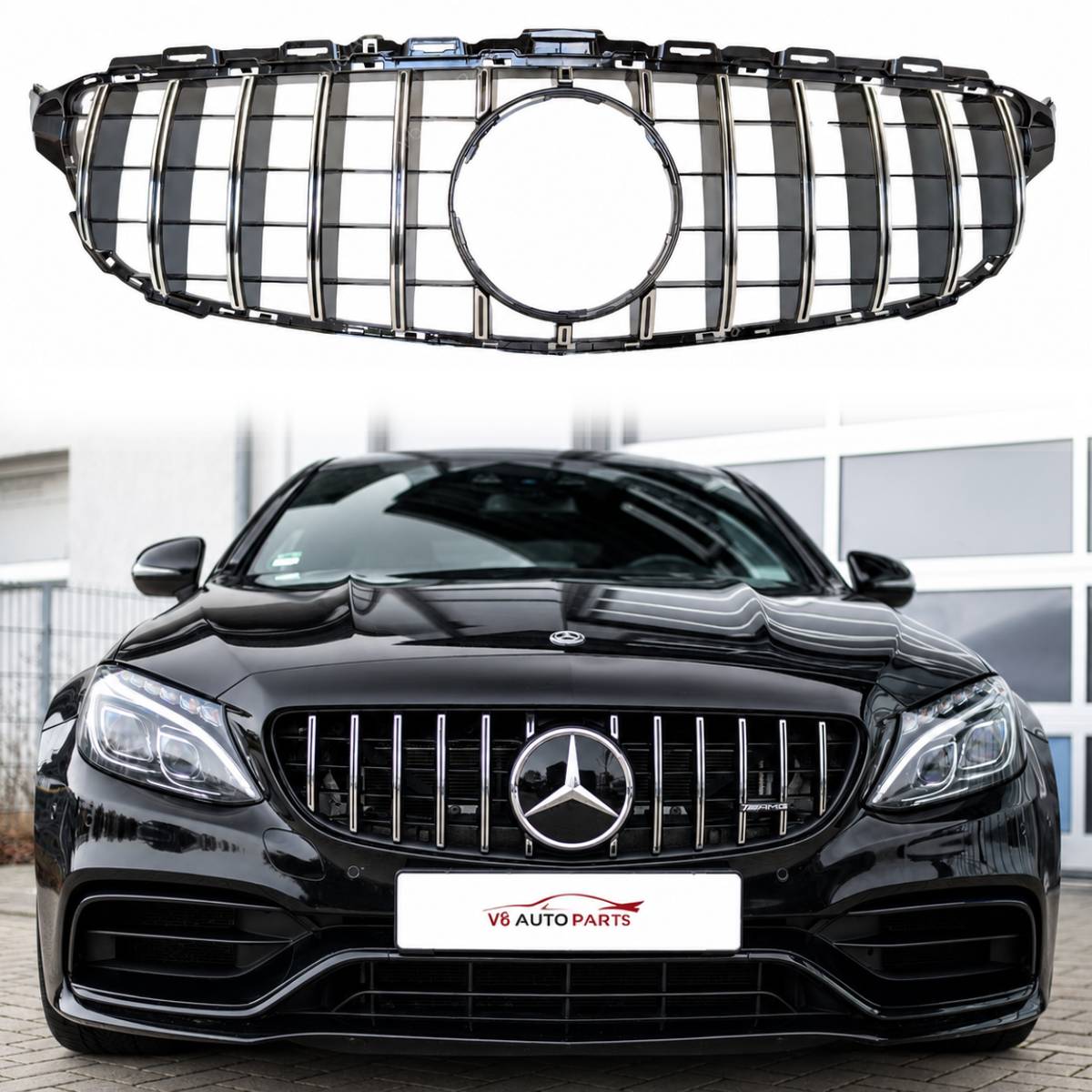 Mercedes-Benz C-Class C205 GT Panamericana Front Radiator Grille (2015–2018, Chrome, No Camera Hole)