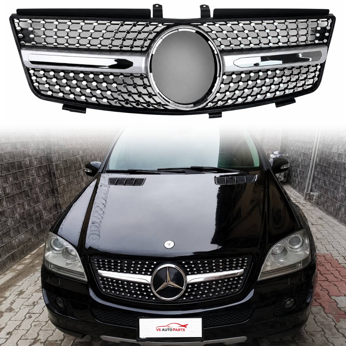 For Mercedes M‑Class W164 Front Radiator Diamond Chrome Grille 2005–2008 ML320 ML350 ML500 ML550 ML63 AMG
