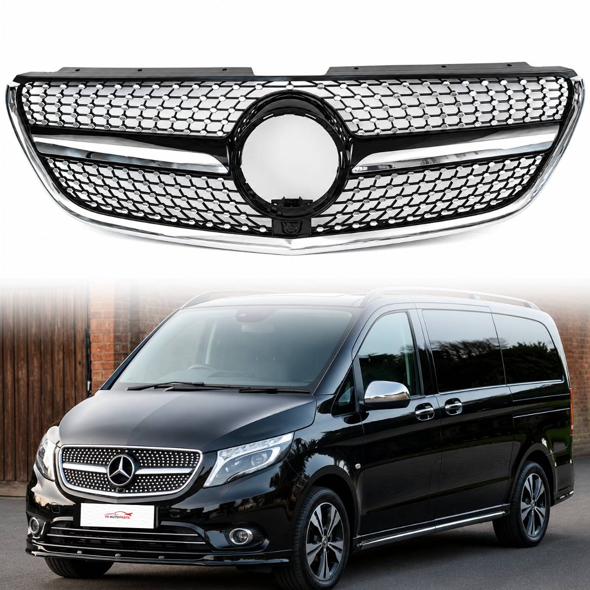 168B schwarzer Kühlergrill vorne für Mercedes Benz VITO VAN W447 2014–2022, Diamant-Look 
