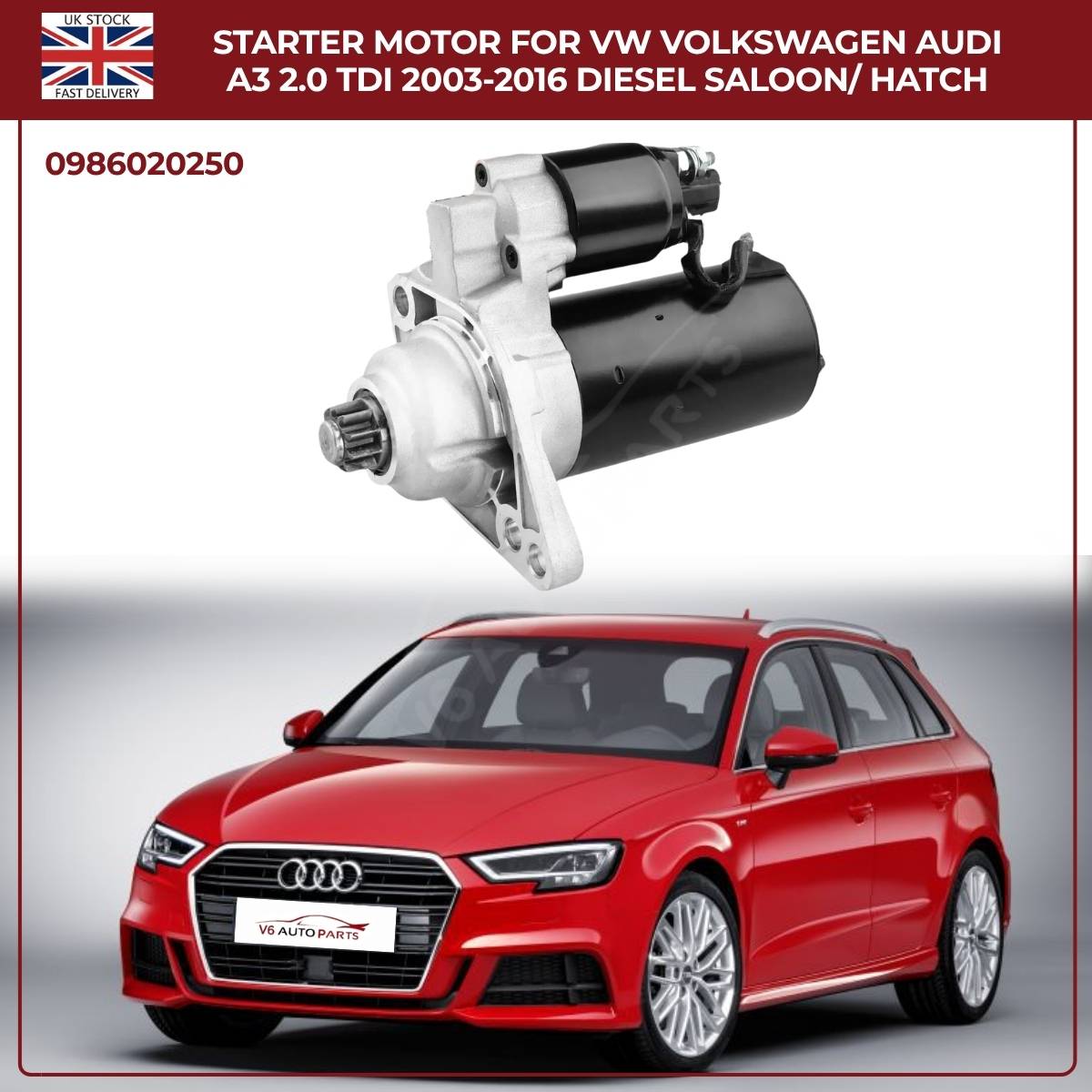 Starter Motor for VW & Audi A3 2.0 TDI (2003–2016) Diesel Saloon/Hatchback