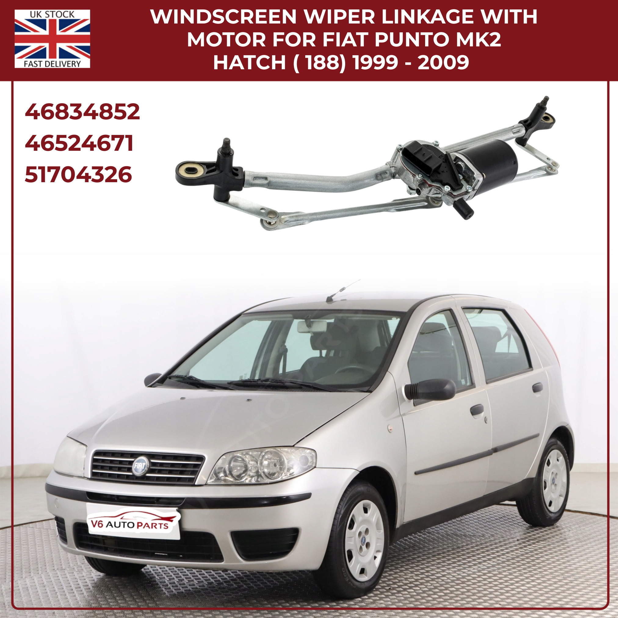 FRONT WINDSCREEN WIPER MOTOR AND LINKAGE FOR FIAT PUNTO MK2 HATCH 188 1999-2009