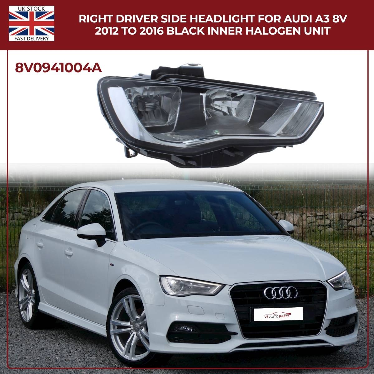 Audi A3 (8V) Headlight — Right Driver Side — Halogen Black Housing (2012–2016)