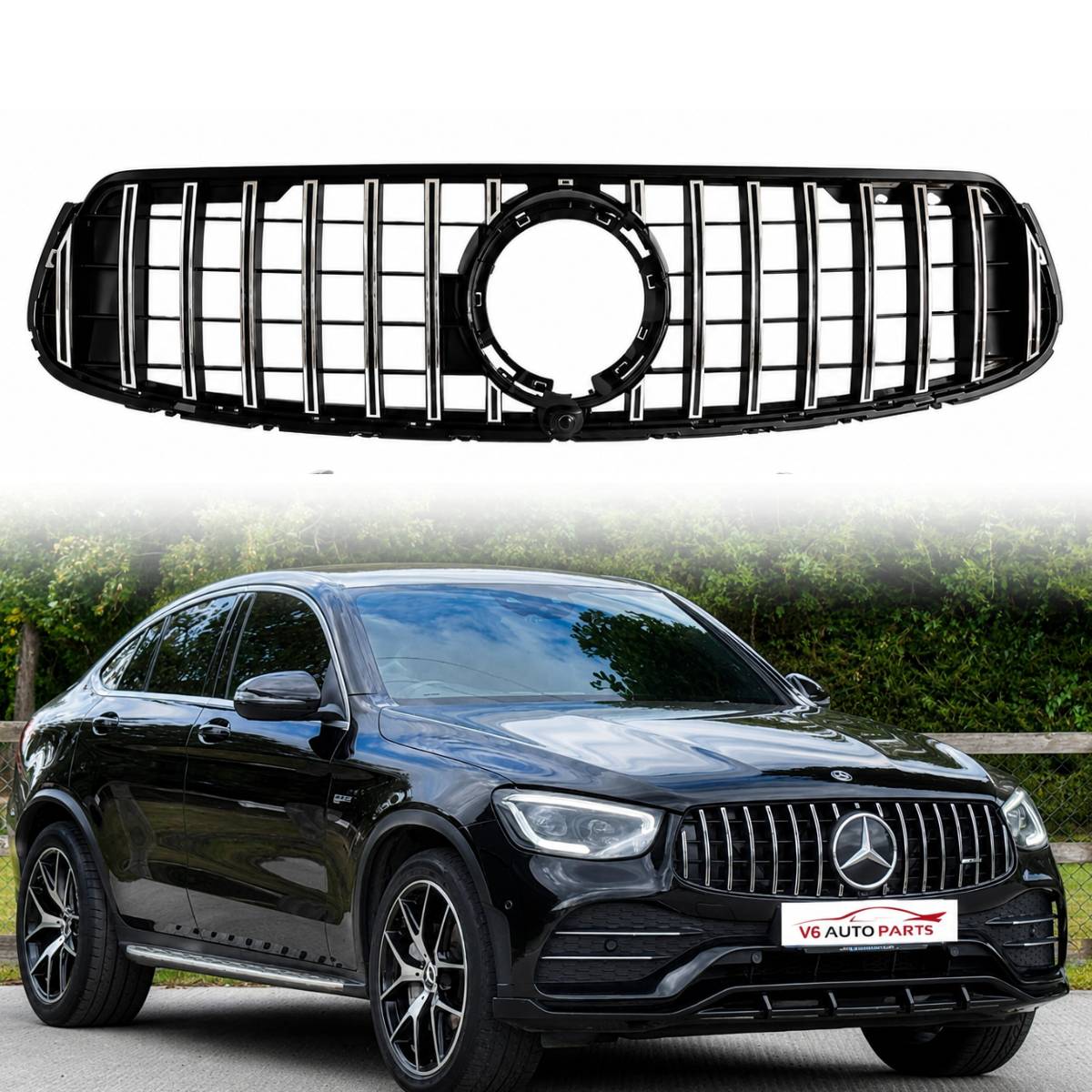 Front Bumper Chrome Slats GT Sport Grille | Fits 2019–2023 Mercedes-Benz GLC-Class W253/C253 Coupe GLC300 & GLC43 (Facelift)