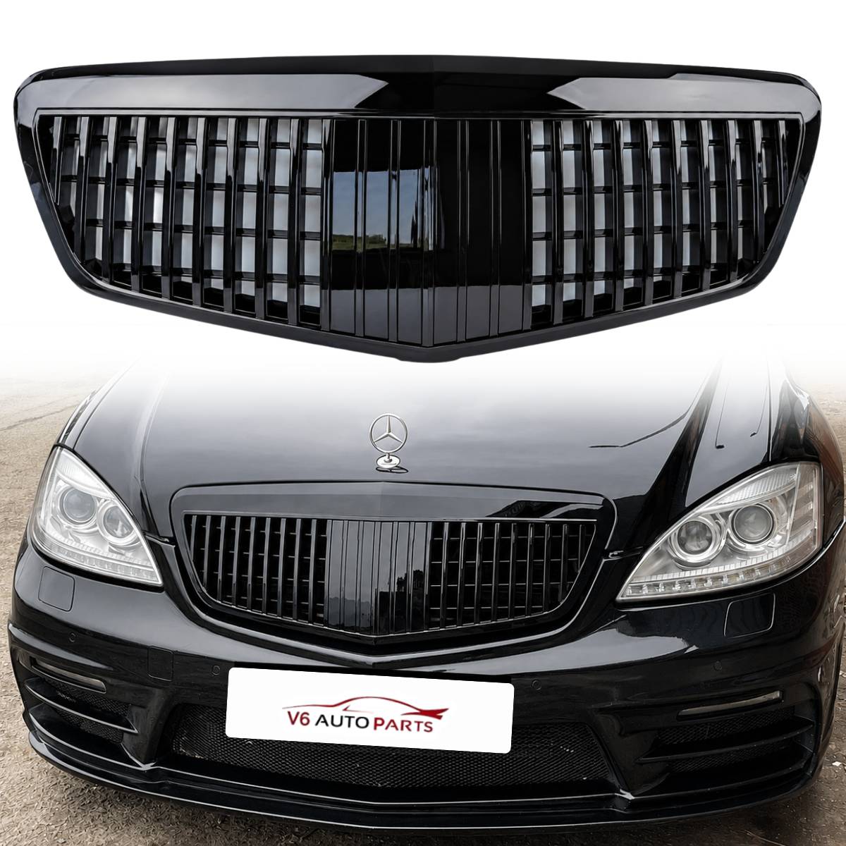 Maybach Style Front Radiator Grille – Gloss Black | Mercedes S‑Class W221 (2009–2013, S65 S400)