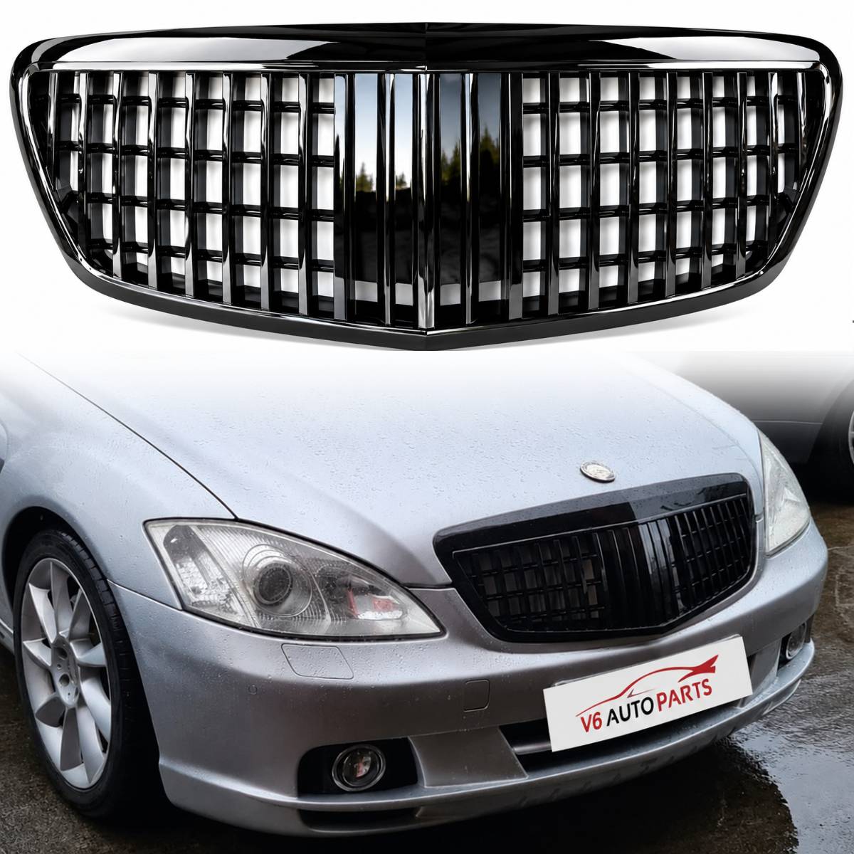 Vorderer Kühlergrill in glänzendem Schwarz für 2005–2009 Benz W221 S-Klasse S63 AMG Maybach S350 S500
