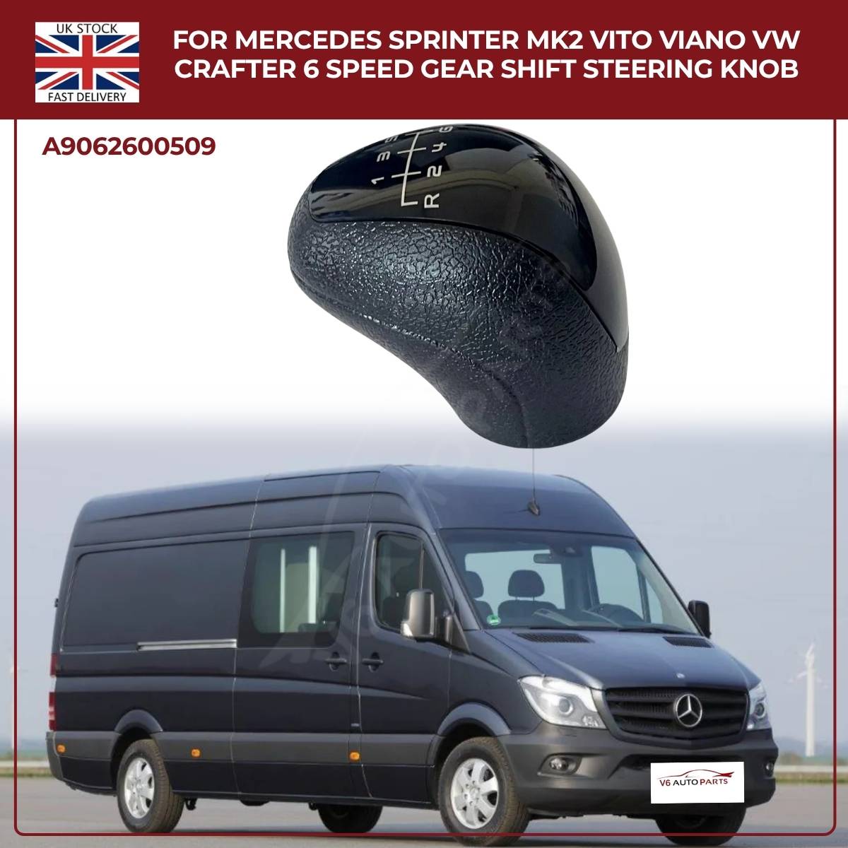 Black Leather 6‑Speed Gear Shift Knob – Fits Mercedes Sprinter MK2 W906 (2006‑2013, 3.5T / 4.5T)