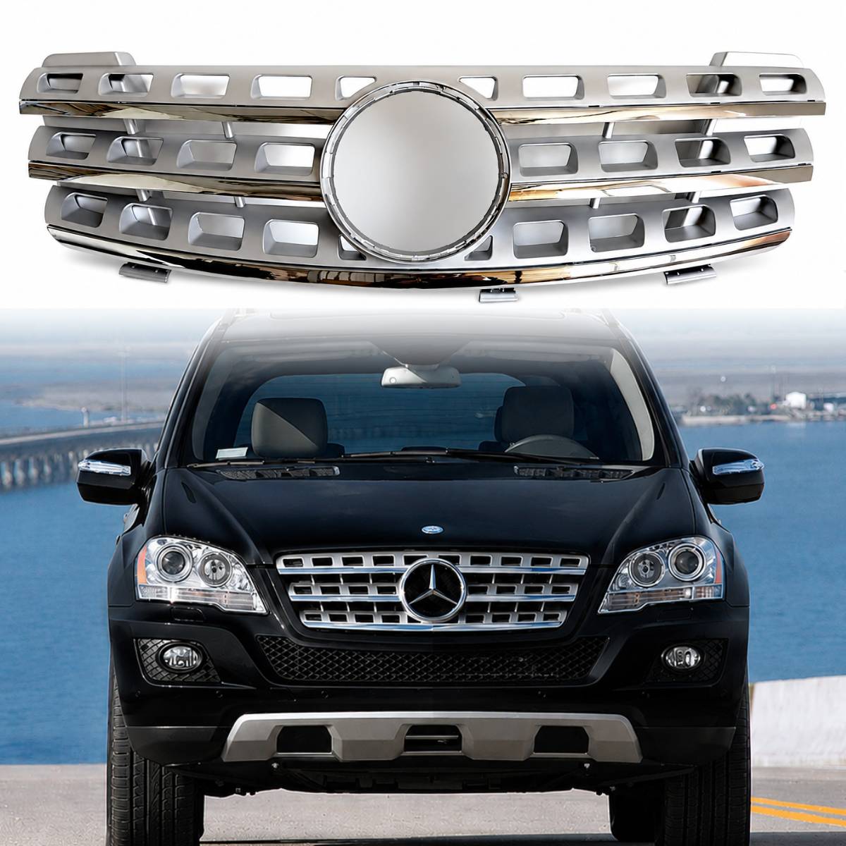 For Mercedes W164 M‑Class Chrome Front Bumper Grille 5‑Hole ML320 ML350 ML500 2005‑2008