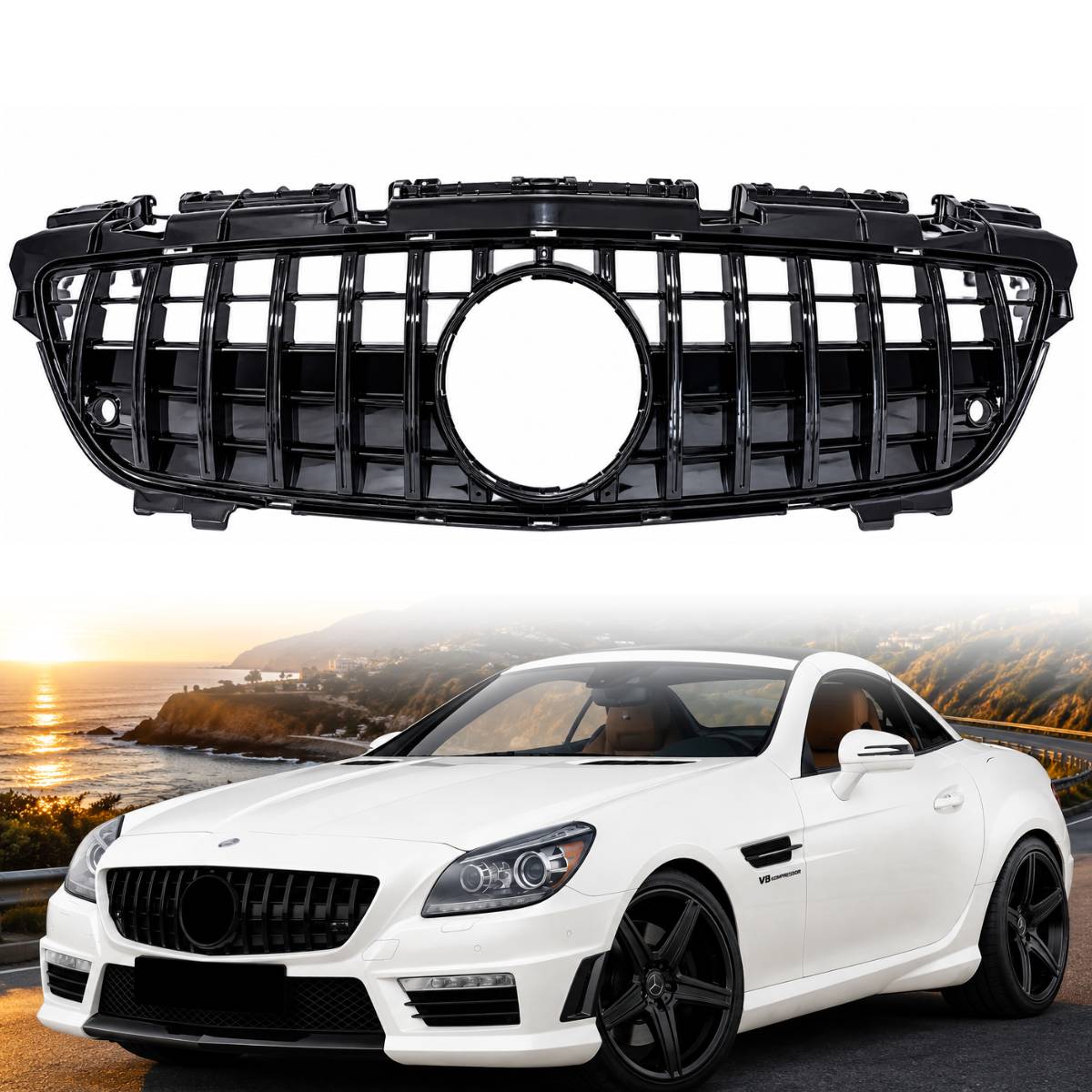 Front Black Panamericana GT-R Replacement Grille for Mercedes SLK-Class R172 (2011-2016) AMG Style, Distronic Compatible