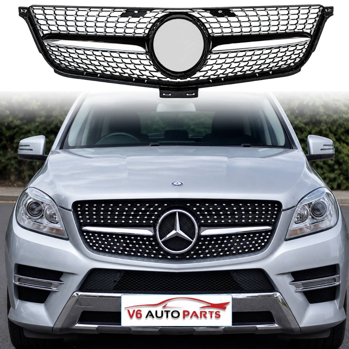 For Mercedes M‑Class X166 ML63 AMG Front Radiator Diamond Grille Black Chrome (2011–2016)