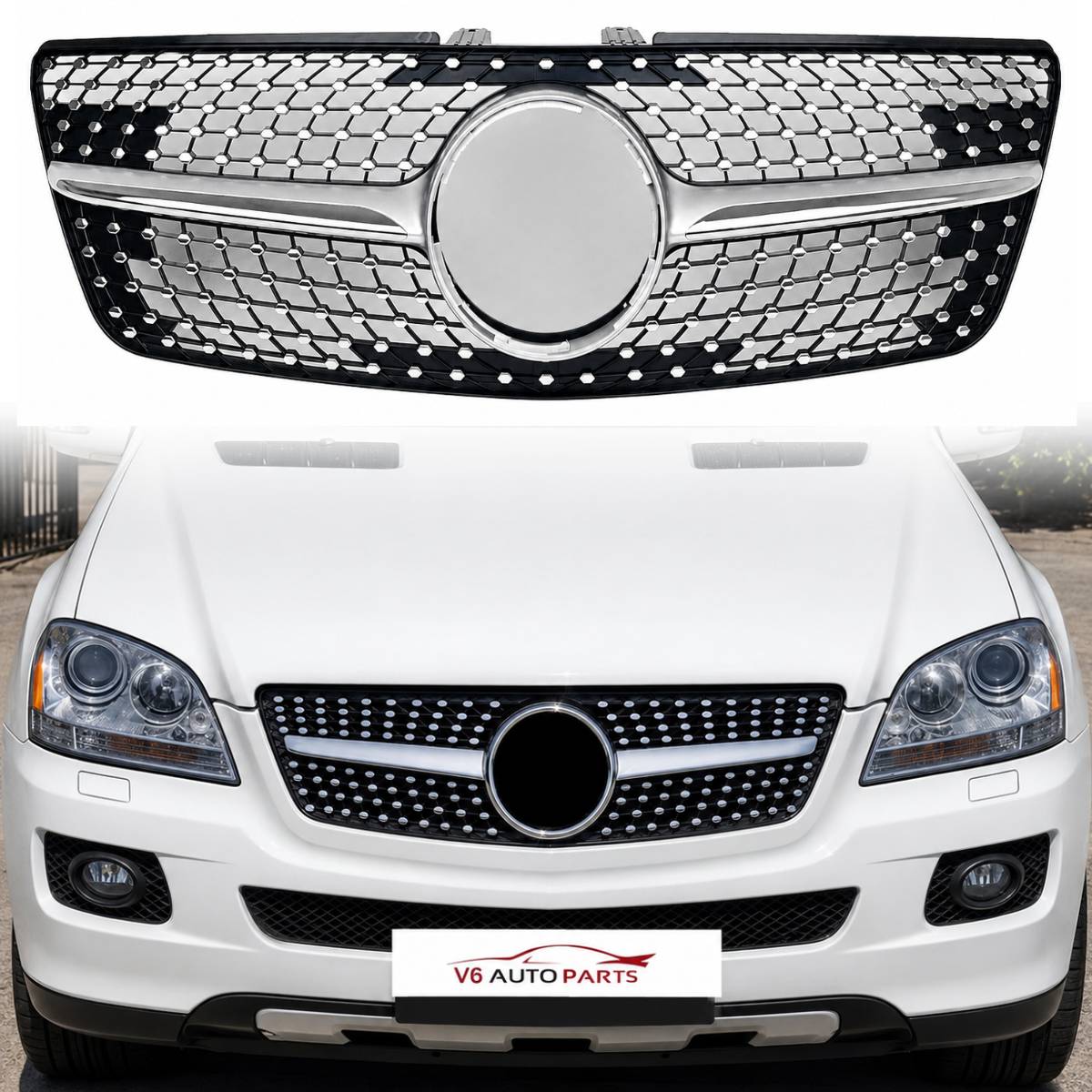 For Mercedes M-Class W164 Front Radiator Diamond Chrome Grille (2009–2012 ML320)