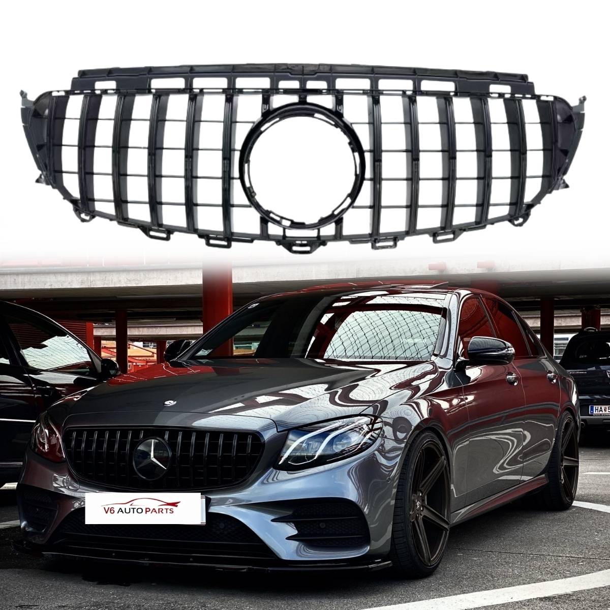 Front Bumper Gloss Black GT Style Grille – Fits Mercedes-Benz E-Class S213 E200 Avantgarde (2016–2021 AMG Look)