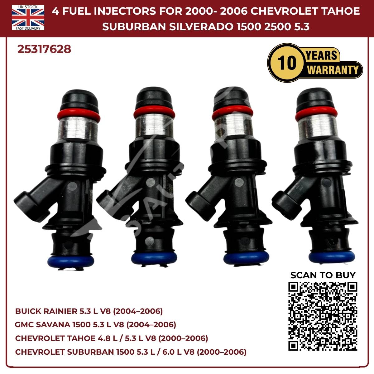 4x Fuel Injectors – Fits 2000–2006 Chevrolet Tahoe, Suburban, Silverado, Express 6.0L V8 | OE Replacement Part #25317628