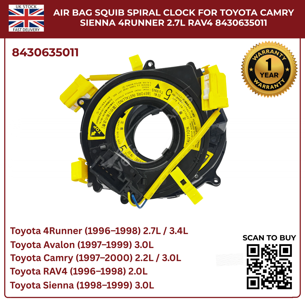 Air Bag Squib Spiral Spring Fits Toyota Picnic RAV4 4Runner  2.2 2.0 (84306-35011)