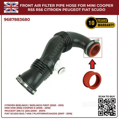 Image of replacement front air filter turbo pipe 9687883680 for Fiat 1.6 diesel