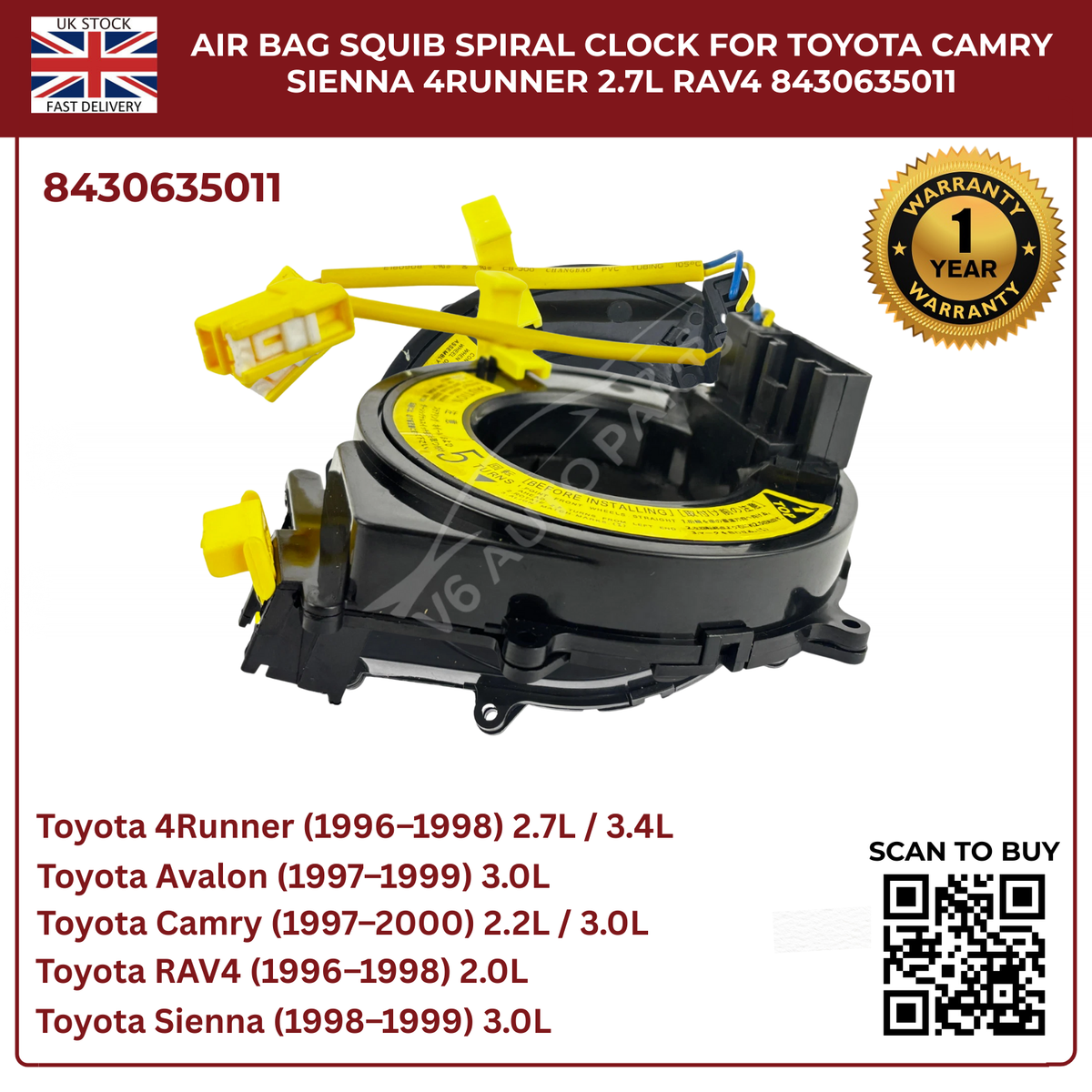 Air Bag Squib Spiral Spring Fits Toyota Picnic RAV4 4Runner  2.2 2.0 (84306-35011)