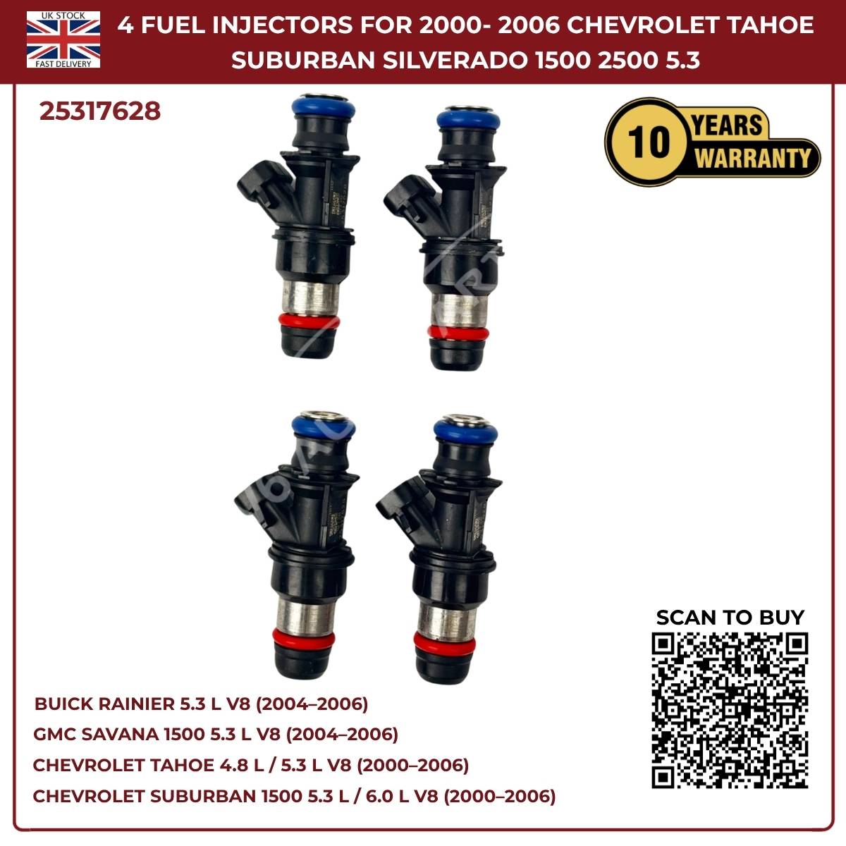 4x Fuel Injectors – Fits 2000–2006 Chevrolet Tahoe, Suburban, Silverado, Express 6.0L V8 | OE Replacement Part #25317628
