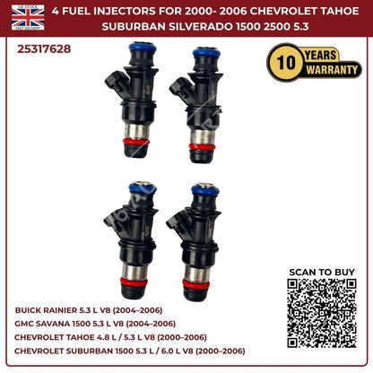 4x Fuel Injectors – Fits 2000–2006 Chevrolet Tahoe, Suburban, Silverado, Express 6.0L V8 | OE Replacement Part #25317628